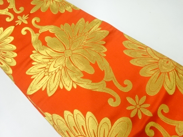 JAPANESE KIMONO / ANTIQUE MARU OBI / WOVEN FLORAL CREST